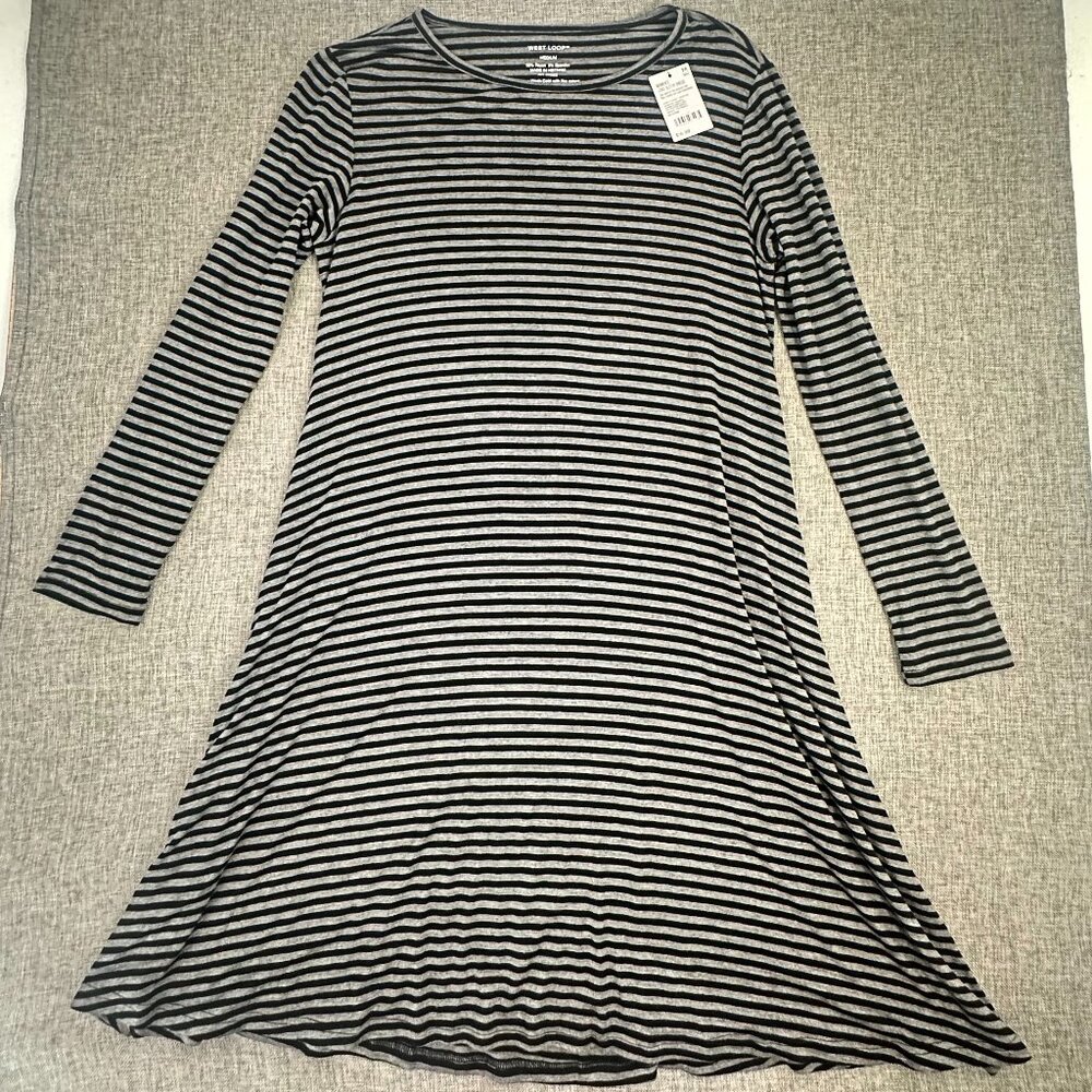 NEW! West Loop Striped Dress Black & Gray Medium Long Sleeve Stretch Rayon & Spa